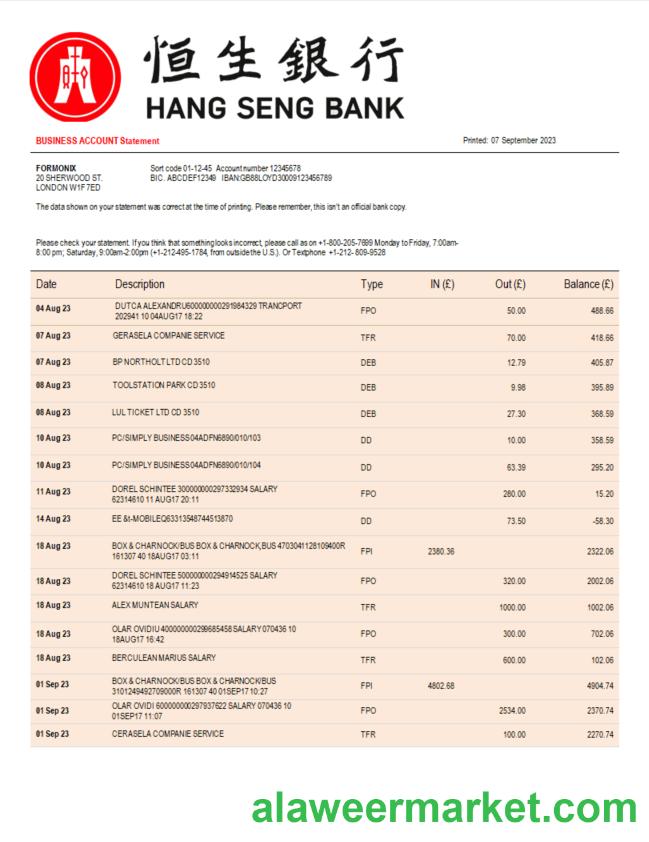 Hang Seng Bank corporate checking account statement Word and PDF template